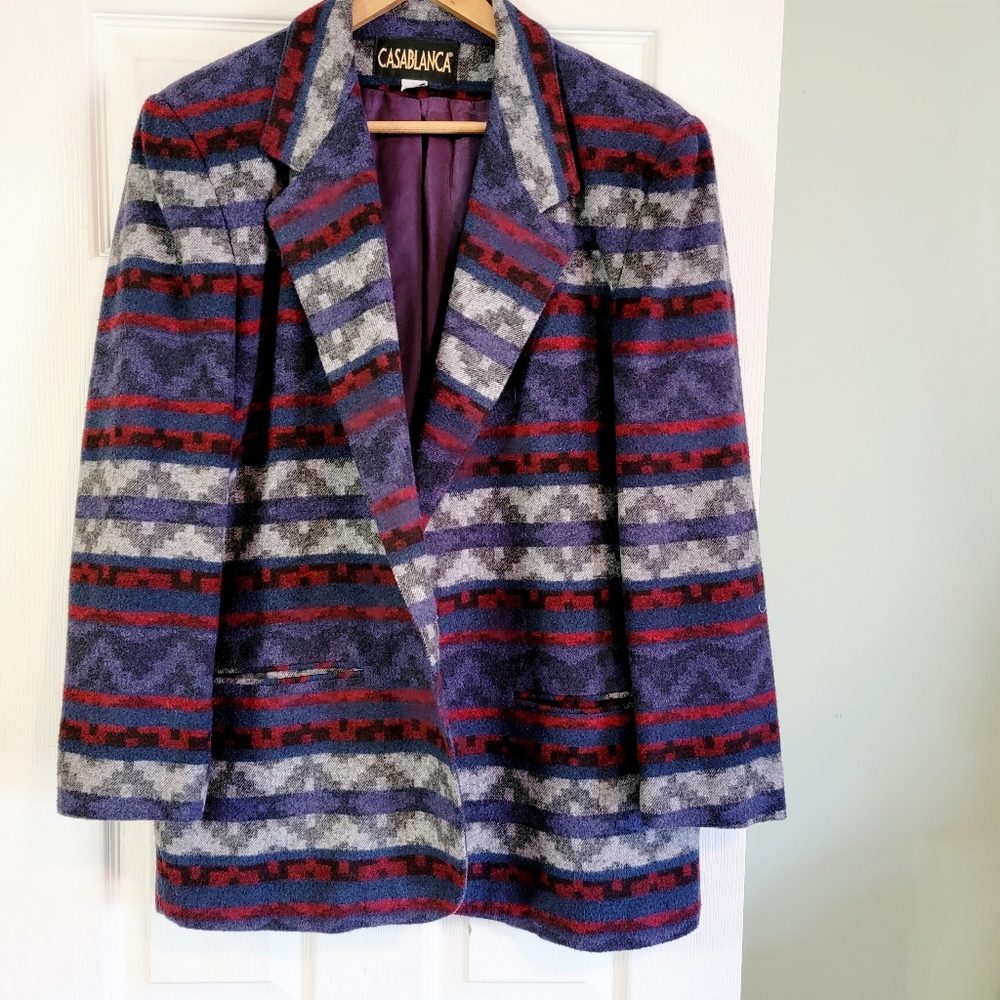Vintage 80s Casablanca Southwest Pattern Wool Blend Blazer Jacket Coat
